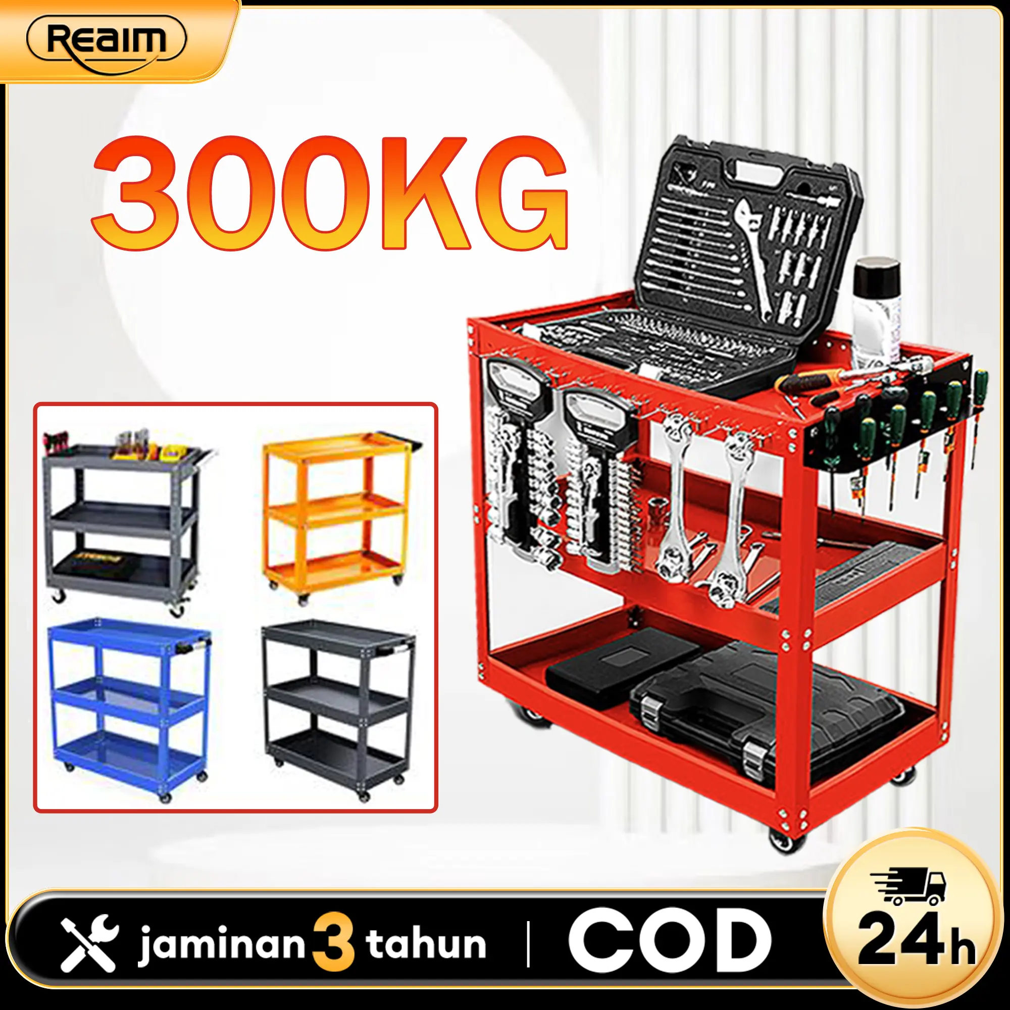 【Diskon 50%】REAIM Troli bengkel, roda senyap universal penahan beban 300kg, troli perkakas pabrik/bengkel/ruang perbaikan, dengan baki perkakas, kokoh dan tahan lama, multiwarna merah, kuning, biru, abu-abu dan hitam Baja