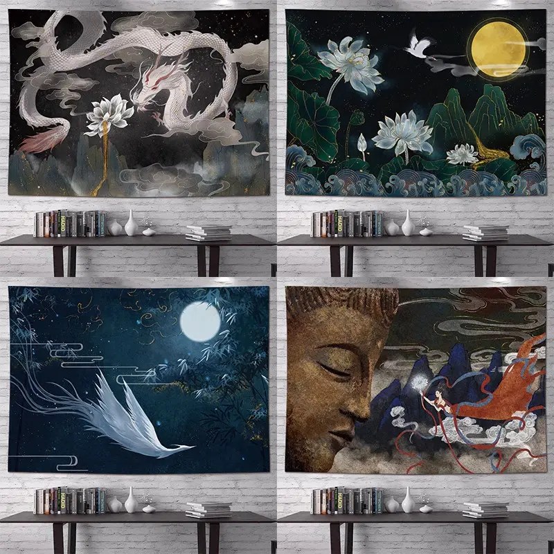 Landscape ink painting background cloth, Ukiyo-e hanging cloth, Dunhuang flying Apsaras decoration, INS style living room, study, dormitory, Chinese-style national trend