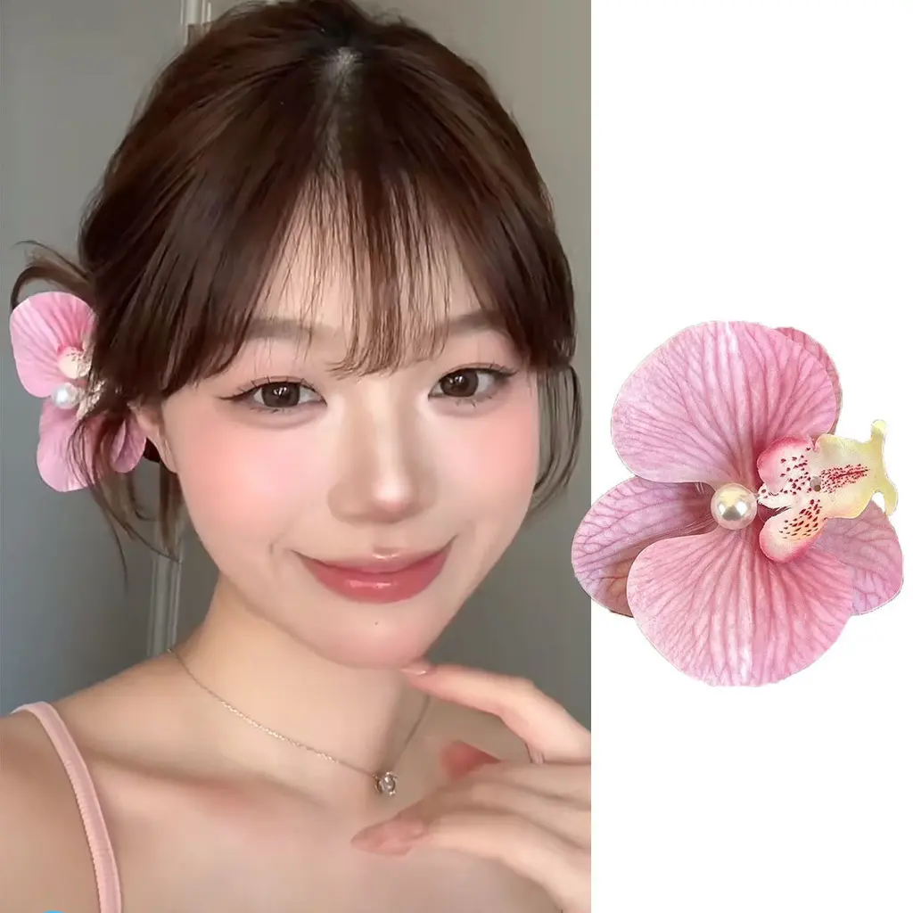 Klip rambut bunga Phalaenopsis simulasi, Klip sisi manis, jepit rambut bunga, foto wanita, aksesori rambut percutian