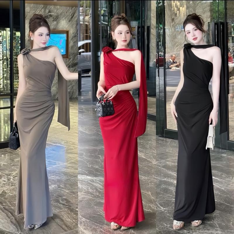  Đầm Body Đuôi Cá Dạ Hội Váy Chéo Vai Có Mút Đính Hoa Tà Dài Cho Nàng Dự Tiệc 