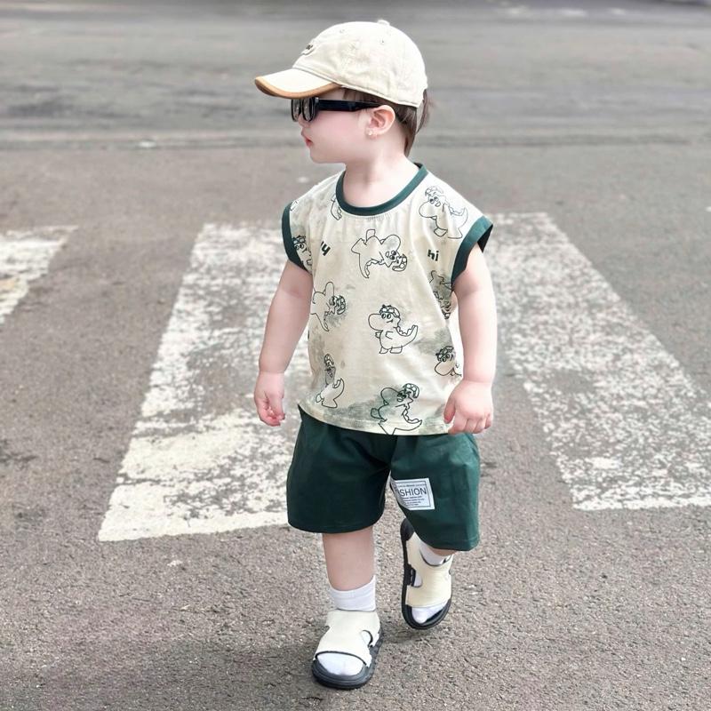 [kho sỉ mẹ gạo]Bộ Quần Và Áo Ba Lỗ in khủng long Cho bé trai mùa hè. Bộ Quần Áo Sát Nách Mùa Hè Cho Bé Trai. Chất Cotton mềm mát  Phong Cách Hang Quốc Cho Bé.8-30kg Jean Kaki