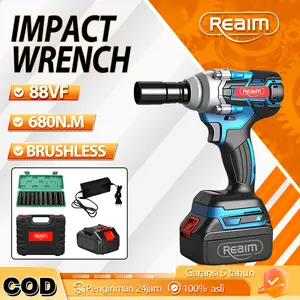 【Diskon Ramadan 30%】REAIM Impact Baterai Impact Wrench Kunci Shock Set Brushless 88VF 680Nm Baterai Lithium Cordless Tenaga Kuat Lengkap Charger
