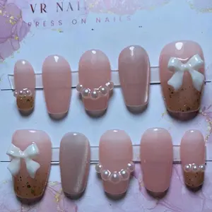 press on nails premium ribbon / kuku palsu pita soft pink / kuku palsu wisuda / kuku palsu wedding / kuku palsu lebaran / nail art / fake nail / kuku palsu custom