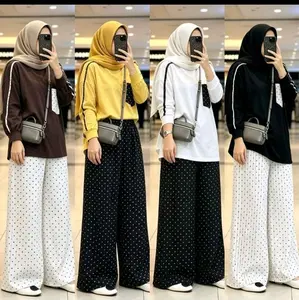 Setelan Kulot Polkadot & Atasan Oversize Sporty Bahan Premium Desain Modern Sporty Potongan Oversize Sopan Kulot Flowy Warna Cantik Cokelat Tua Kuning Mustard Putih Hitam