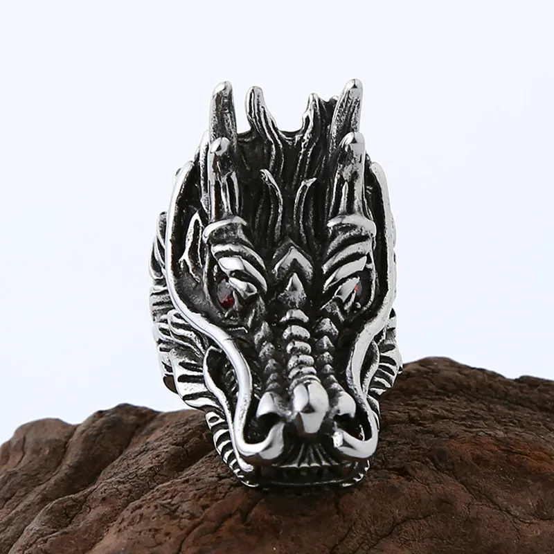 【Perenolr】Fashion Vintage Male Ring Domineering Red Eye Personality Punk Jewelry Dragon Head Ring 1