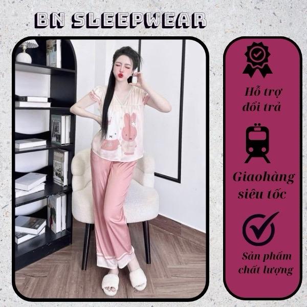  Đồ Bộ Ngủ Pijama Lụa Latin Hàng Thiết Kế Tay Ngắn Quần Dài Cổ V Women Nữ Quần Ngủ Áo Ngủ Nhung Kem 