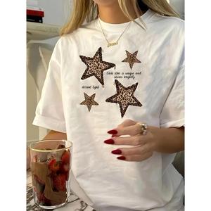 Camiseta casual de cuello redondo para mujer con diseño geométrico de estrella, 50%, largo regular, moda de primaveraveranootoño, camisetas para damas