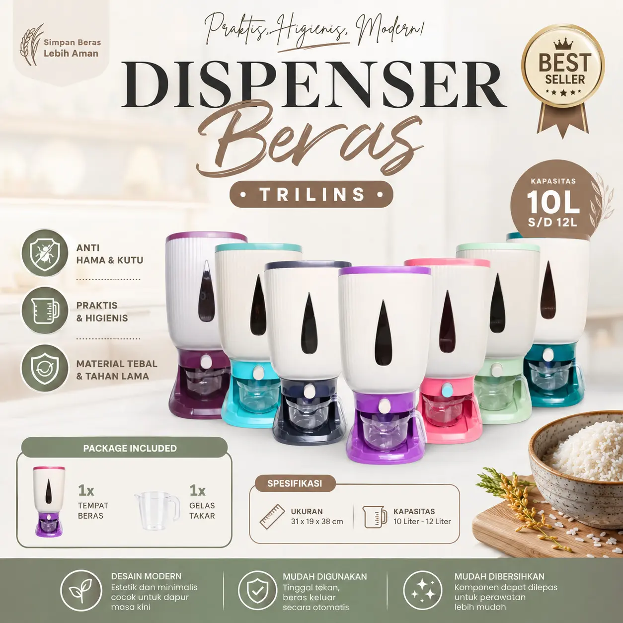 COD Dispenser Beras Modern Tempat Wadah Penyimpanan Beras Otomatis 10kg Anti Hama Tidak Lembab Free Cangkir Food Grade