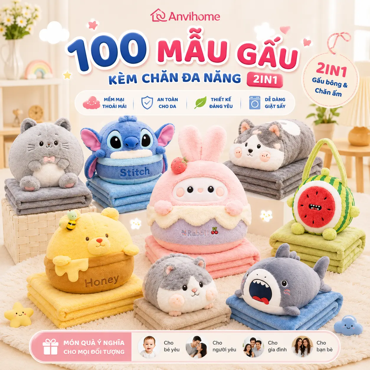 [100 MẪU GẤU KÈM CHĂN] BỘ GẤU KÈM CHĂN MỀN ĐA NĂNG CÓ THỂ GIẶT, DÙNG ĐI HỌC, ĐI LÀM, ĐI DU LỊCH, LÀM QUÀ TẶNG,...CHĂN GỐI VĂN PHÒNG GẤU BÔNG KÈM CHĂN M1XM6 ANVIHOME