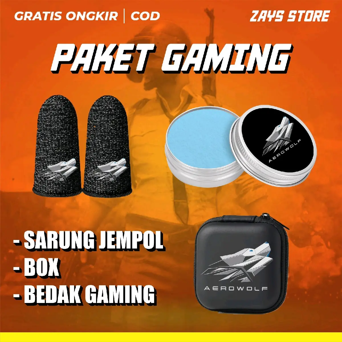 Paket Gaming AEROWOLF: Bedak Gaming, Sarung Jempol, Box Game Accessories finger