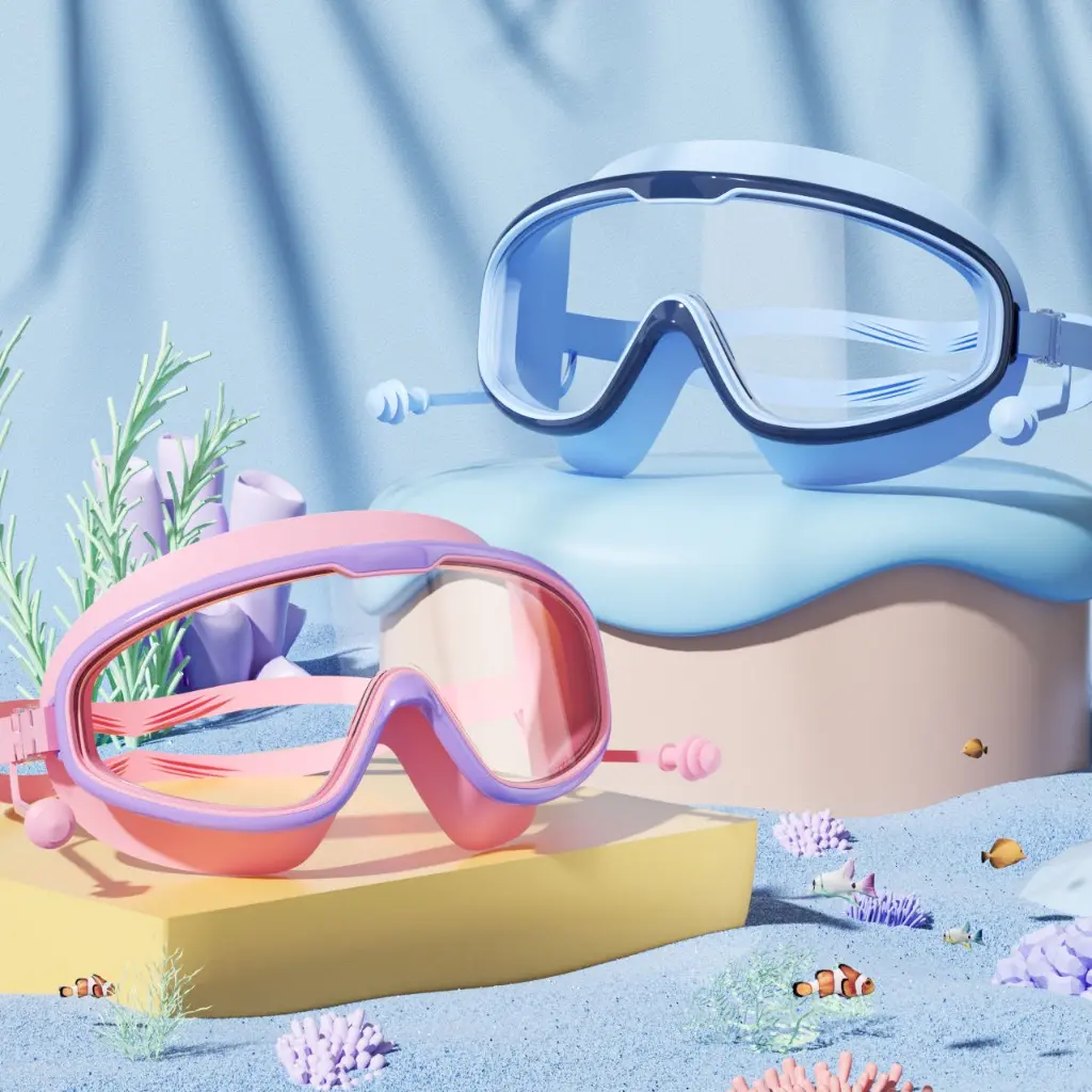 Kacamata Renang Anak Laki Perempuan Anti FOG Big Frame Kids googles Snorkling Bahan Lensa PC Cincin Silikon & Tali Warna Merah Muda Hijau Biru Putih Kuning Hitam Ungu