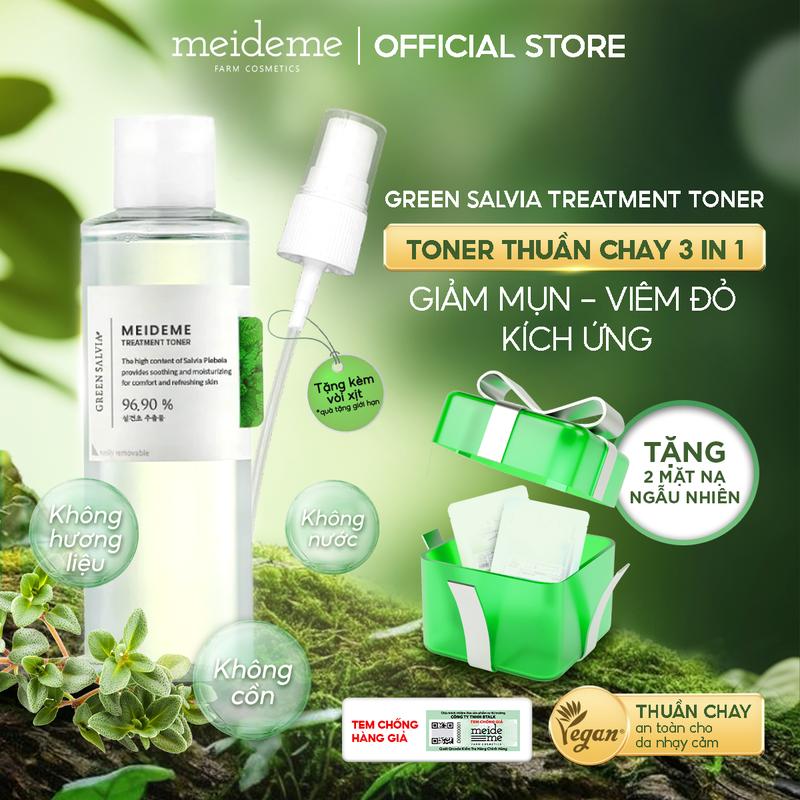 TONER Thuần Chay Giảm Mụn, Giảm Kích Ứng MEIDEME Green Salvia Treatment Toner 200ML (Tặng 1 Vòi Xịt Phun Sương + 2 Mask Ngẫu Nhiên 23g)