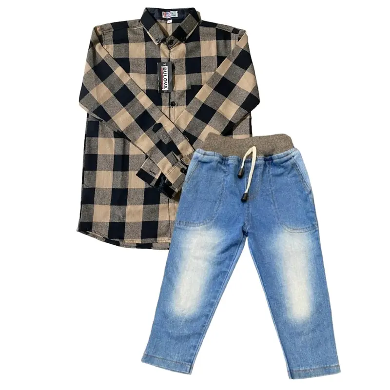 setelan anak kemeja katun flanel distro premium quality dan celana jeans biru muda usia 1-10 tahun 3