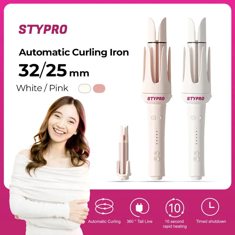 【Vanda's choice】STYPRO Multi In One Automatic Curling Iron Pink/White 25mm+32mm | Catokan Keriting Otomatis Hair Styler Warna Produk | Merah Curly Tongkat Pengeriting Otomatis Dewa Penataan Rambut yang Tahan Lama Tanpa Merusak Rambut Sisir Rambut ST-4002