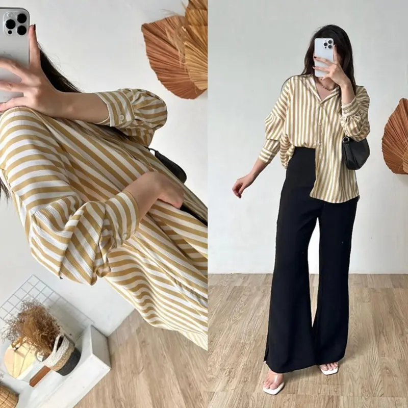 Kemeja Wanita Motif Silang Belakang Stripe Garis Salur Bahan Polly Rayon 4