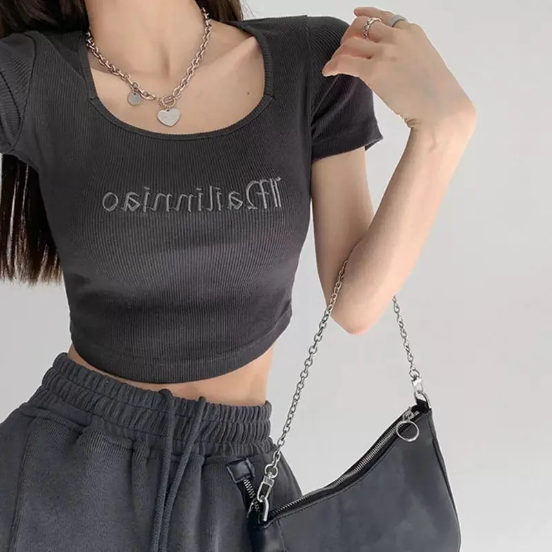 Embroidery Letter T Shirt Crop Top Women Summer 2023 Square Collar Pullovers Woman Short Sleeve Tees Slim Fit Sports Tops Female