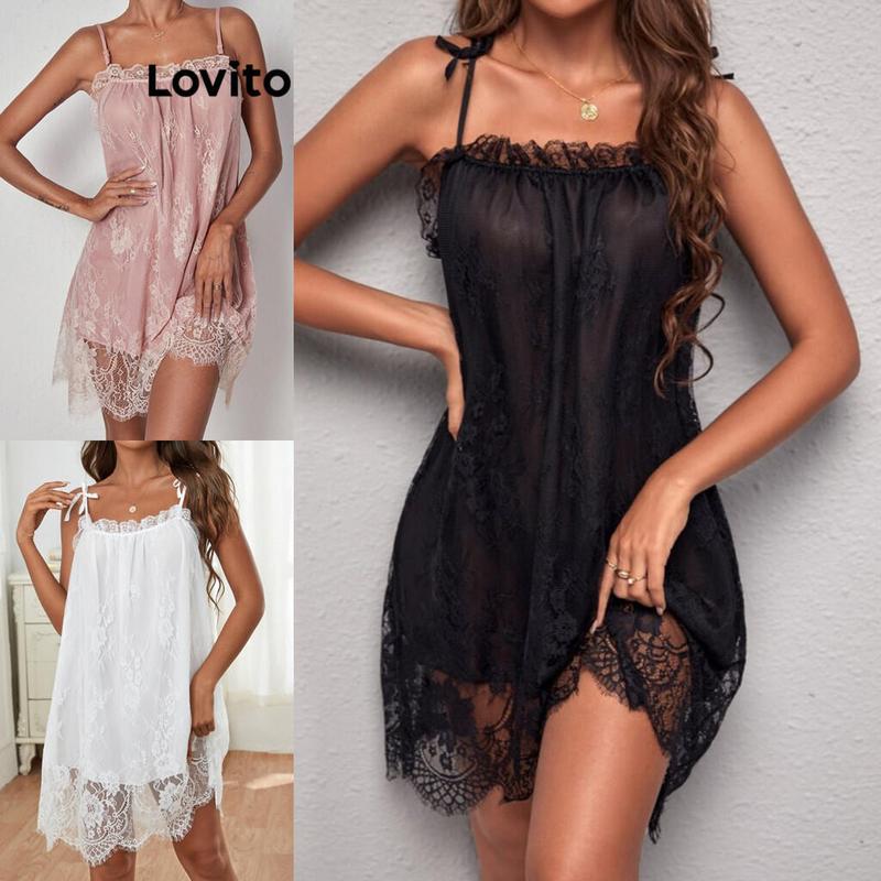 Product Introduction of Lovito Sexy Plain Lace Bow Sleep Dress for Women LNL48174 0