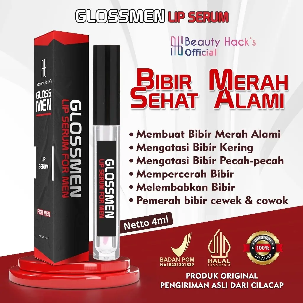 Pelembab Bibir Pria Pencerah Bibir Hitam Permanen Beauty Hack's GLOSSMEN Lip Serum For Men Official Pemerah bibir alami