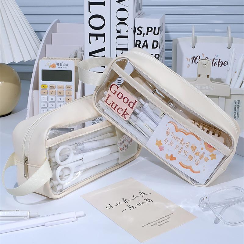 Hộp Đựng Bút Chì Trong Suốt Có Thể Nhìn Thấy Dung Tích Lớn Hai Lớp Làm Bằng PVC Ngăn Ngừa Bắn Nước Túi Đựng Bút Chì Thi Học Sinh Thích Hợp Cho Bút Chì