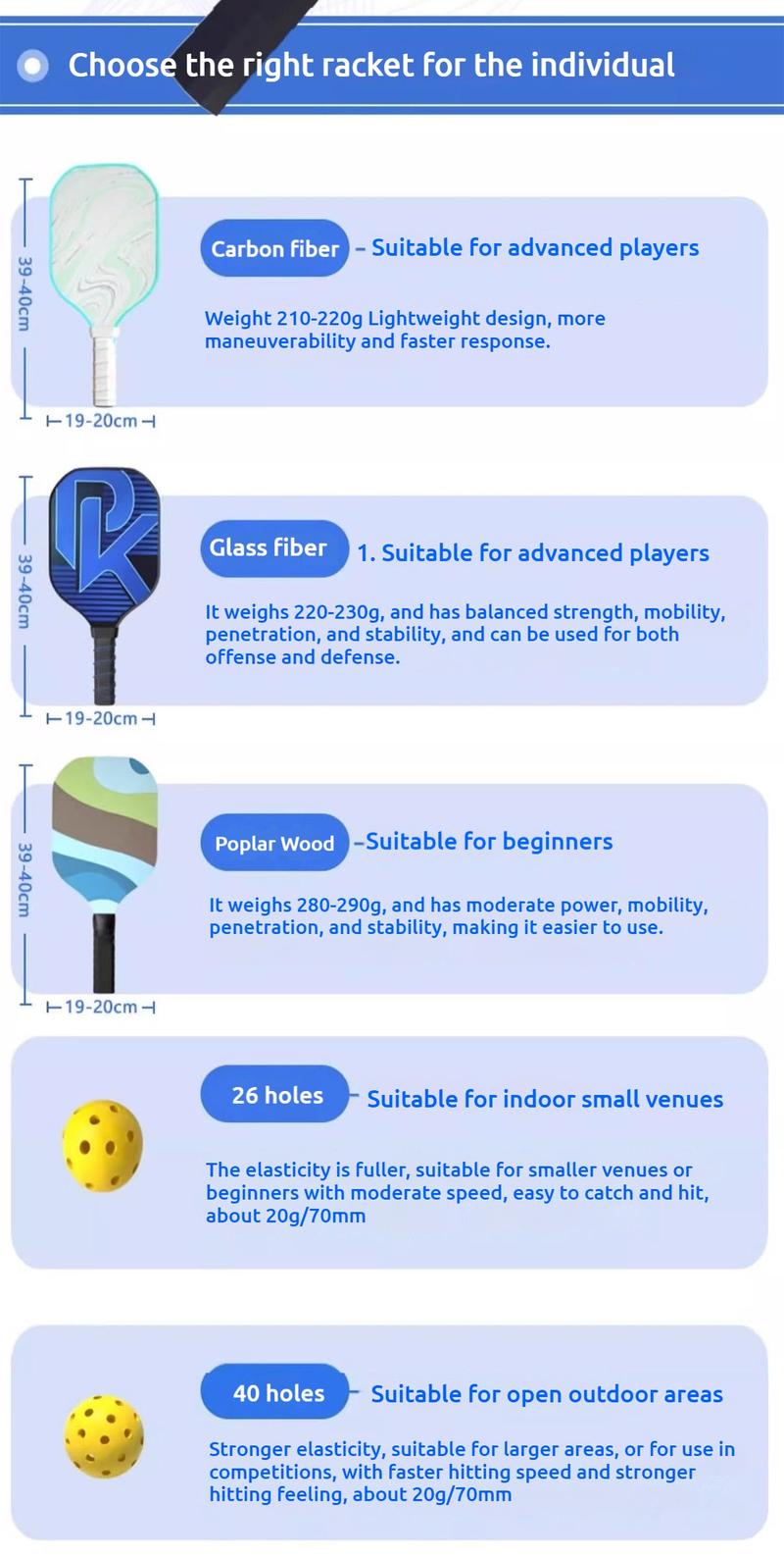Product Introduction of Vợt Pickleball, Tay Cầm Có Gân Bền, Đơn, Tay Cầm Đệm Công Thái Học, Nhẹ, Thiết Bị Tập Luyện Pickleball, Làm Bằng Gỗ Dẻ Gai, Bao Gồm Vợt 14