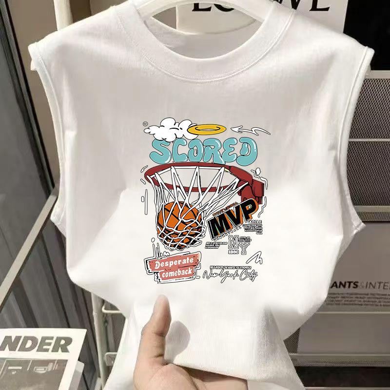 Rompi longgar tanpa lengan bergaya Amerika warna hitam putih untuk latihan kebugaran pria, atasan pria kasual dan serbaguna untuk sehari-hari, kaos pria.