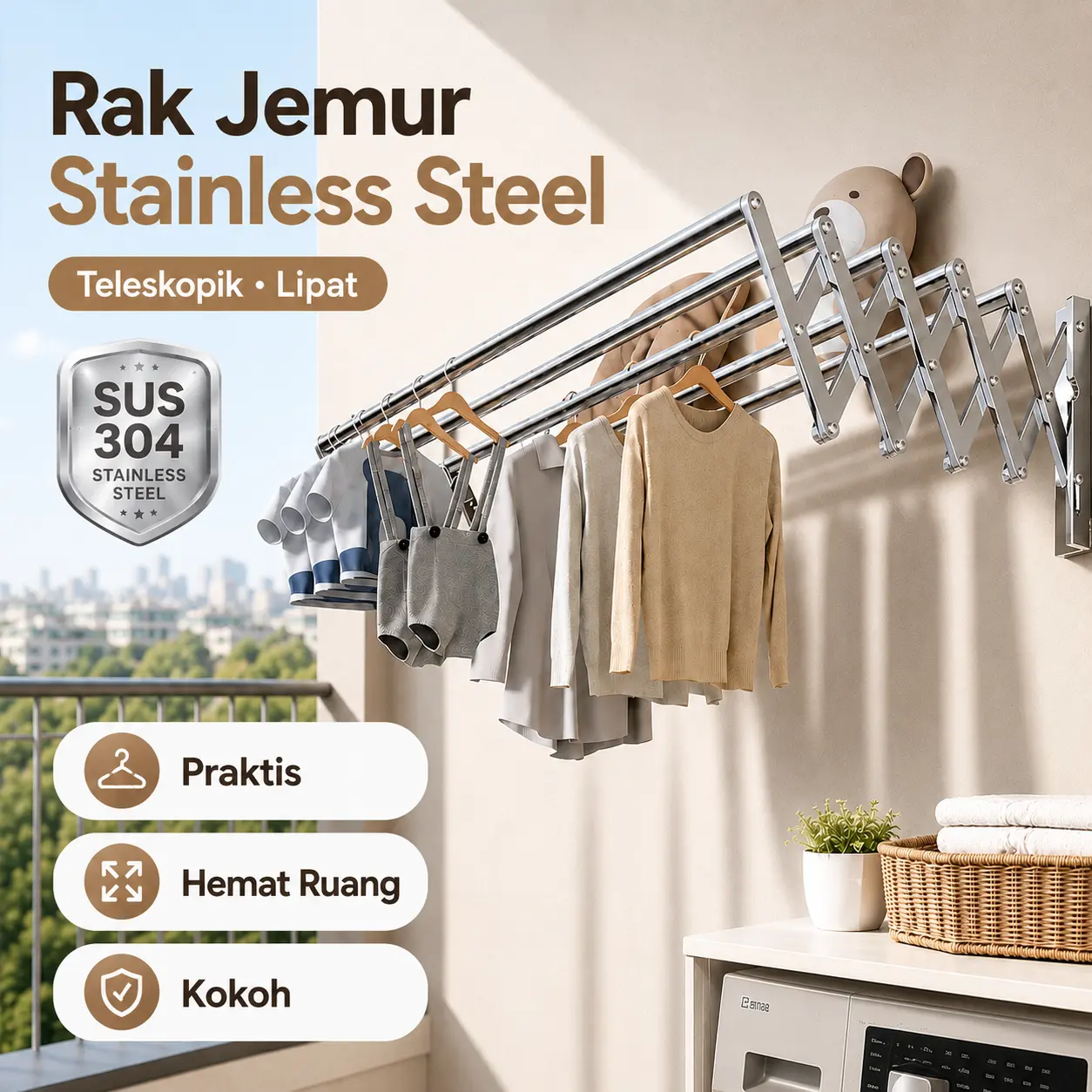 Furniture supermanSUS 304 stainless Jemuran baju dinding lipat Tarik Baja tahan karat/Rak Jemuran Pakaian Basah Lipat Rak Jemuran 100cm/200cm Hitam
