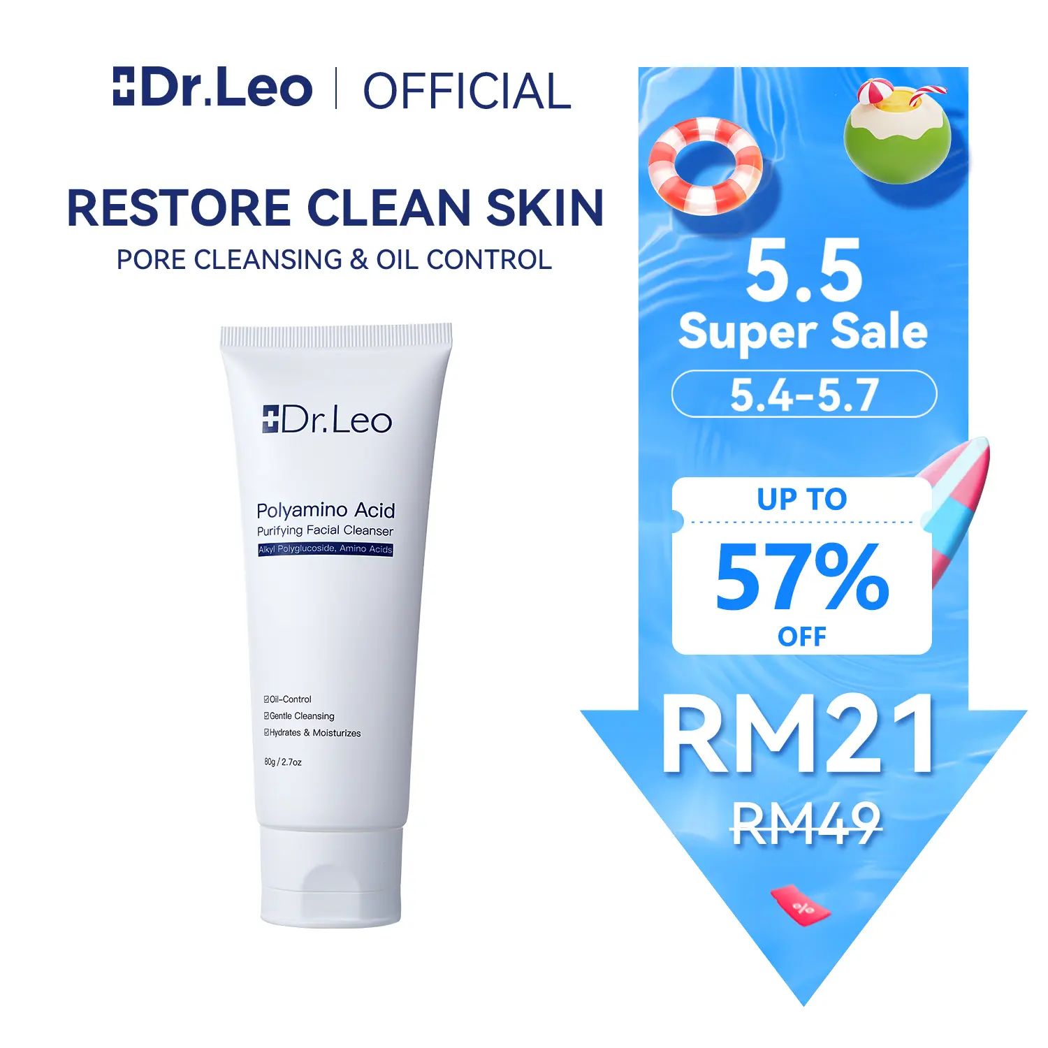 Dr.Leo Amino Acid Cleanser Polyamines Acid Purifying Facial Cleanser Oil-control 80g Cleansing Centella Asiatica Skincare Kulit Wajah Cleaner Face  Oily