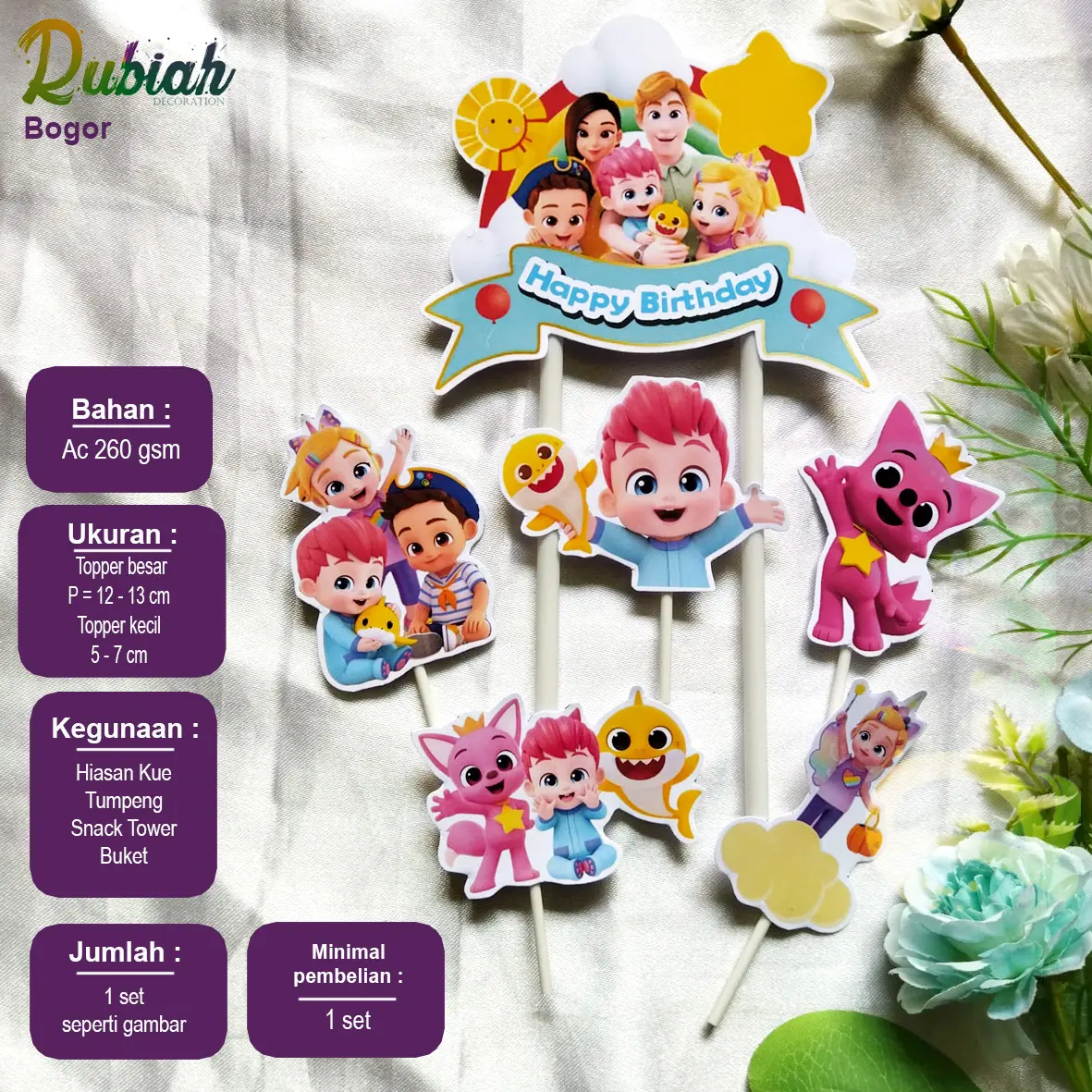 Custom Cake Topper Nama Foto karakter Bebefin Hiasan kue Ulang Tahun Tumpeng Buket Snack Tower