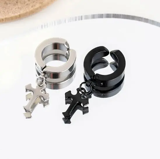 Anting Jepit Salib Pria Wanita Korea Sepasang Warna Hitam Anting Gaya Tanpa Tindik Black Gold Silver Stainless Earrings