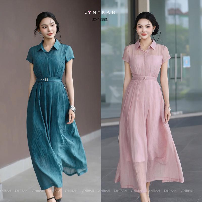 LYN TRAN - Đầm xòe maxi đai eo cổ tròn tay ngắn thanh lịch dạo phố DX-4868N - Chất Tơ Organza, dài 122cm, 2 lớp toàn thân - Size S,M,L,XL - Nữ Women Dress