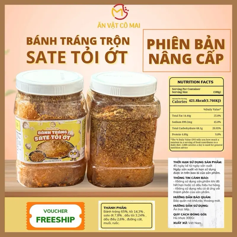 Bánh Tráng Trộn SATE TỎI ỚT CAY - Hủ 300Gr, Ăn Vặt Cô Mai Snack Food