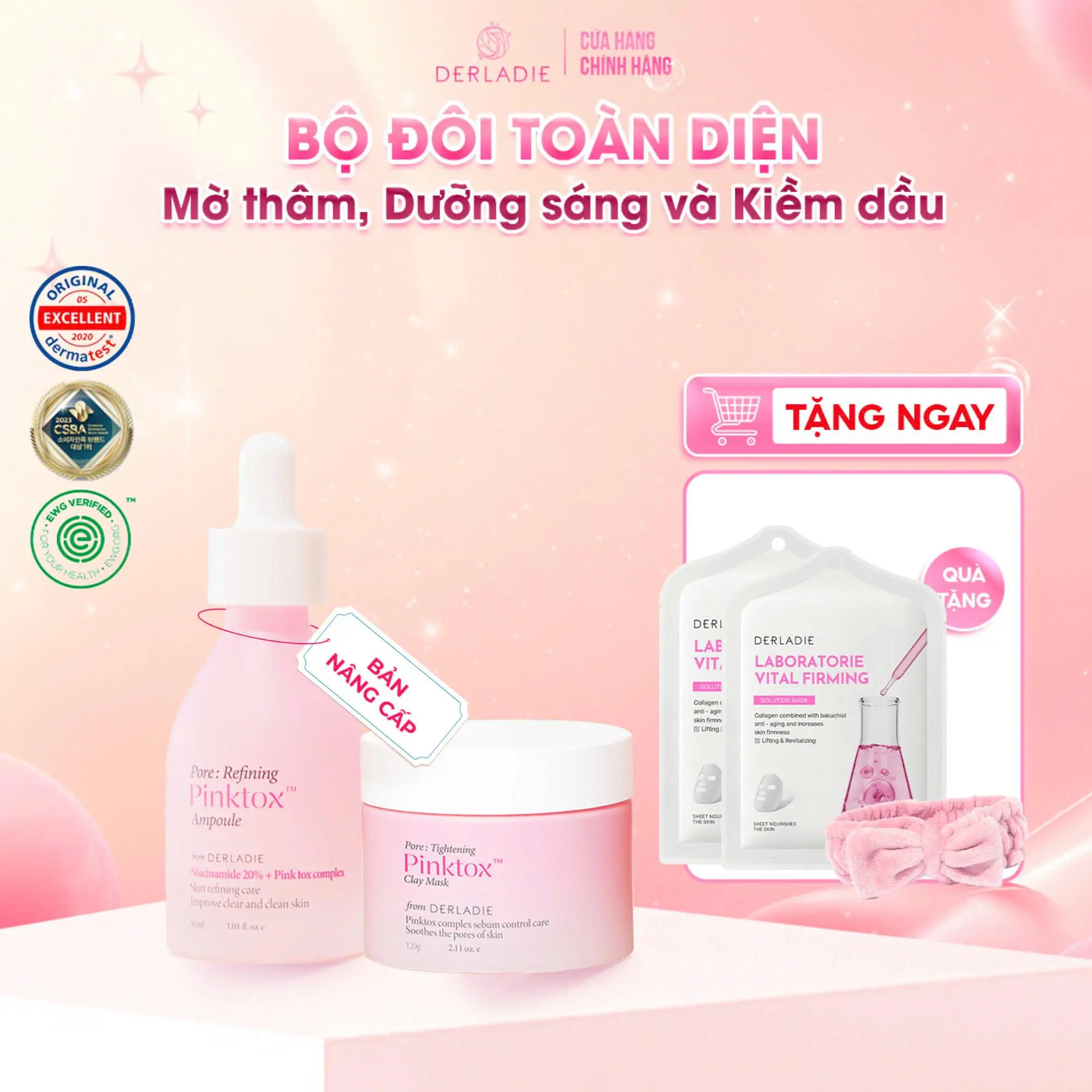 Bộ Đôi Hỗ Trợ Kiềm Dầu, Ngừa Mụn, Thu Nhỏ LCL Serum Niacinamide 20% và Mặt nạ đất sét Derladie Pore Tightening PinkTox Clay Mask 60g