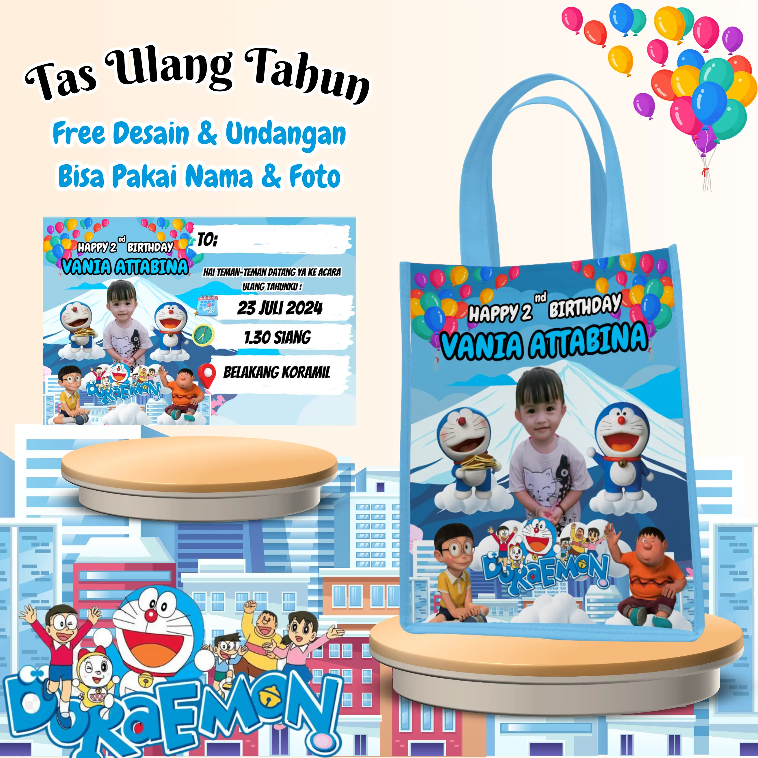 20 Pcs Tas & Free Undangan Anak Ulang Tahun Custom Desain Muat Kfc Snack Kain