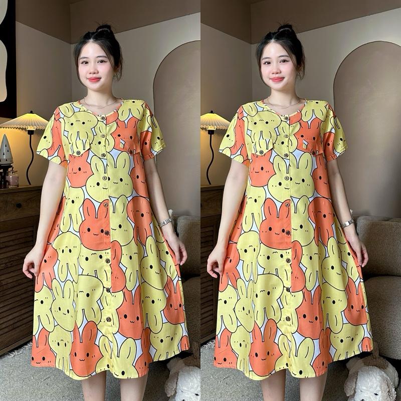 Đầm bầu vải tôn thái gài cúc form suông cho mẹ bầu suốt thai kì