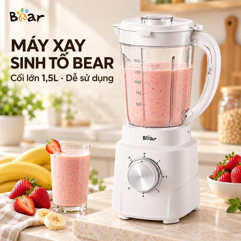 Máy xay sinh tố Bear dung tích lớn 1,5L, cối trong suốt có vạch đo, 5 tốc độ cùng chế độ nhồi P, lưỡi dao đa tầng, núm xoay cơ học dễ điều chỉnh, phù hợp xay sinh tố, sữa hạt và thực phẩm cho gia đình làm