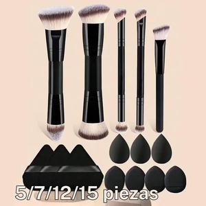 Set de 5 brochas de maquillaje con 10 esponjas de belleza, brochas multifuncionales de doble cabeza de alta calidad para principiantes, material de fibra suave