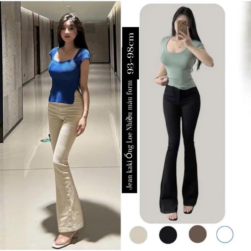   Full Size 35-70kg  Quần Ống Loe Đen Trơn May Gấu. Quần jeans Giấy Loe Cạp cao co giãn 4 chiều 