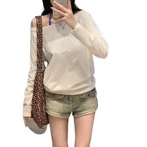 Áo Croptop Một Vai, Hở Xương Đòn Gợi Cảm, Đường Viền Cổ Áo Bất Đối Xứng Dáng Rộng Vừa Vặn, Áo Thun Dài Tay, Cho Đầu Mùa Thu, 7493 #