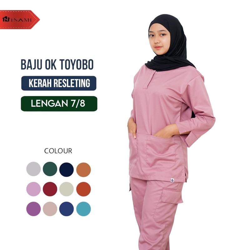 Baju Jaga Oka Resleting Depan Lengan 7/8 One Set Jaga Perawat Nakes Full Set Celana Pakaian Kerja Bidan Dokter Bahan Toyobo Panjang Wanita Setelan Ok 1
