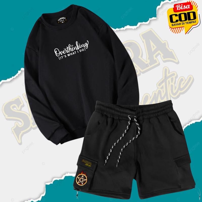 Product Introduction of ONE SET SWEATER CREWNECK 1 STELAN CARGO POLOS PRIA | WANITA / UNISEX WARNA HITAM SABLON KEREN Celana Cowok Setelan Distro Panjang Katun Hoodie Casual setelan  hoodie dewasa 3
