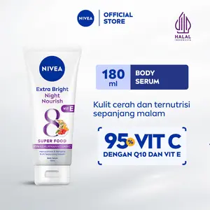 NIVEA Body Serum Extra Bright Night Nourish Vit E 180ml - Hand body serum lotion moisturizer mencerahkan kulit kusam cerah badan glowing brightening tone up melembabkan kering pagi malam day & night - 95% Vitamin C, Grapeseed oil, 8 Super food