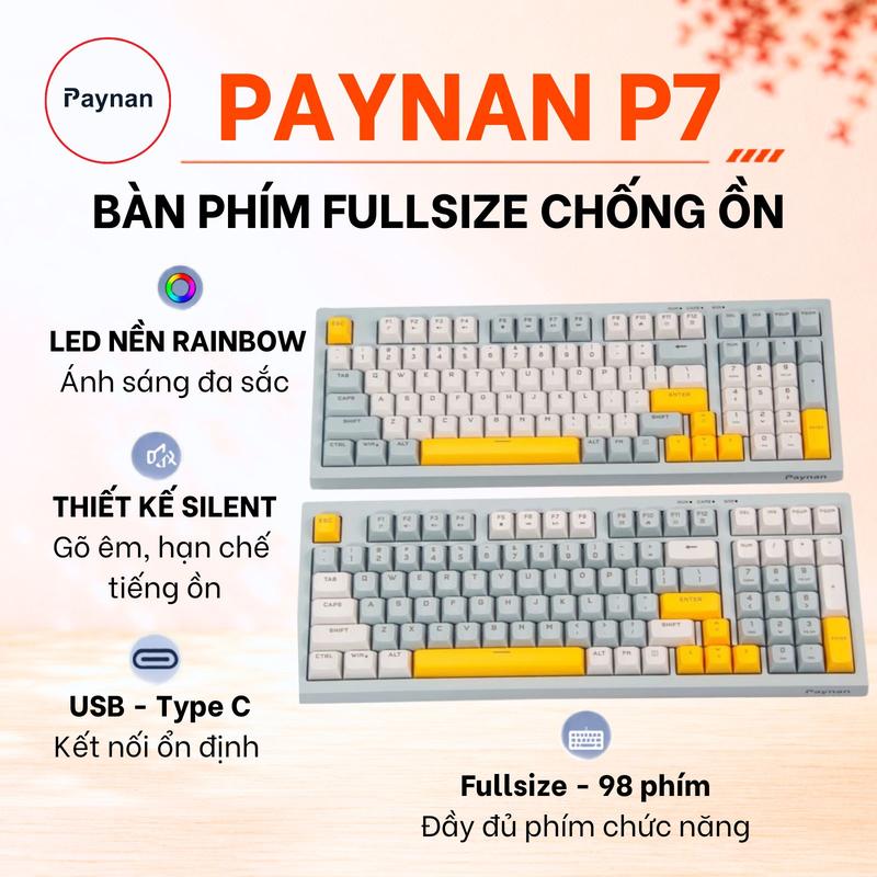 Bàn phím văn phòng P7 Paynan Navy Flow chống ồn kết nối cáp rời 98 phím đèn led trắng keycap navy xám trắng