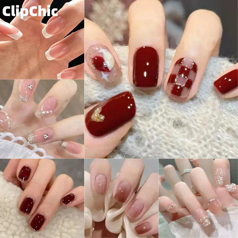 【ClipChic】 เล็บปลอมแบบถอดได้ 24 ชิ้น กันน้ำ ติดทนนาน สไตล์ฝรั่งเศส พร้อมชุดเครื่องมือฟรี คลิปชิค