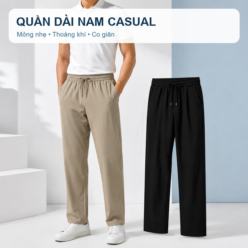 Quần dài nam, dáng tiêu chuẩn, lưng chun co giãn, ống thẳng, hai túi, phù hợp cho mùa hè và mùa thu, thoáng khí, không bí bách, vải rủ không nhăn, phù hợp đi làm, mặc thường ngày và đi lại công sở.