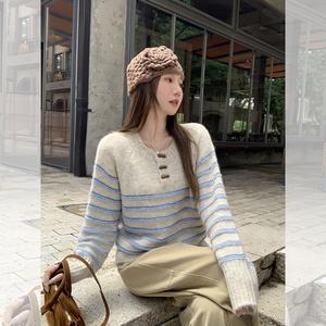 Women's Half-Open Neck Long Sleeve Knit Sweater, Fall New Striped Underwear Top, Casual Fashion Pullover for Daily Wear 9136# Knitwear Womenswear Knitting Crewneck Fitted