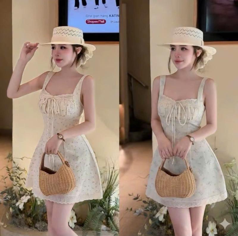 Váy Hoa Nhí 2 Dây Viền Ren Dáng Ngắn Chữ A Dress Nữ Top Women.( LƯU Ý KO KÈM…