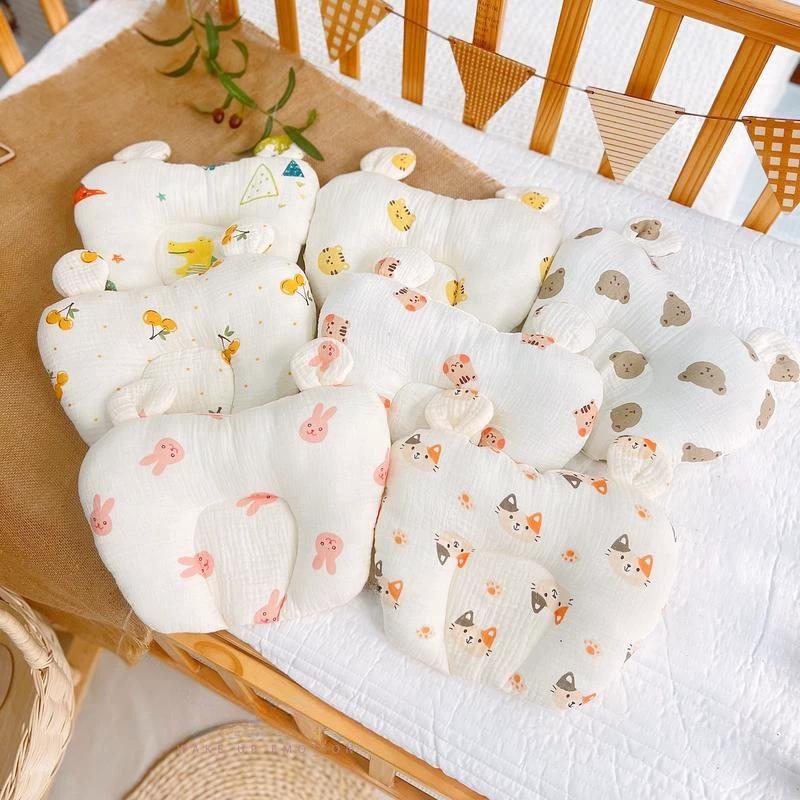 Gối xô muslin hình trái tim tai gấu cao cấp chính hãng chống méo đầu bẹp đầu cho bé sơ sinh