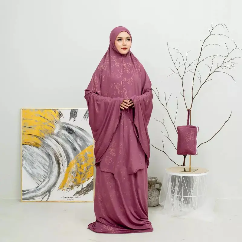 [ FREE BAG ] Mukena Jersey Premium Jumbo Motif Print Bahan Spandek Jersey - Mukna Jersi Wanita Muslim - Pakaian Muslim 3