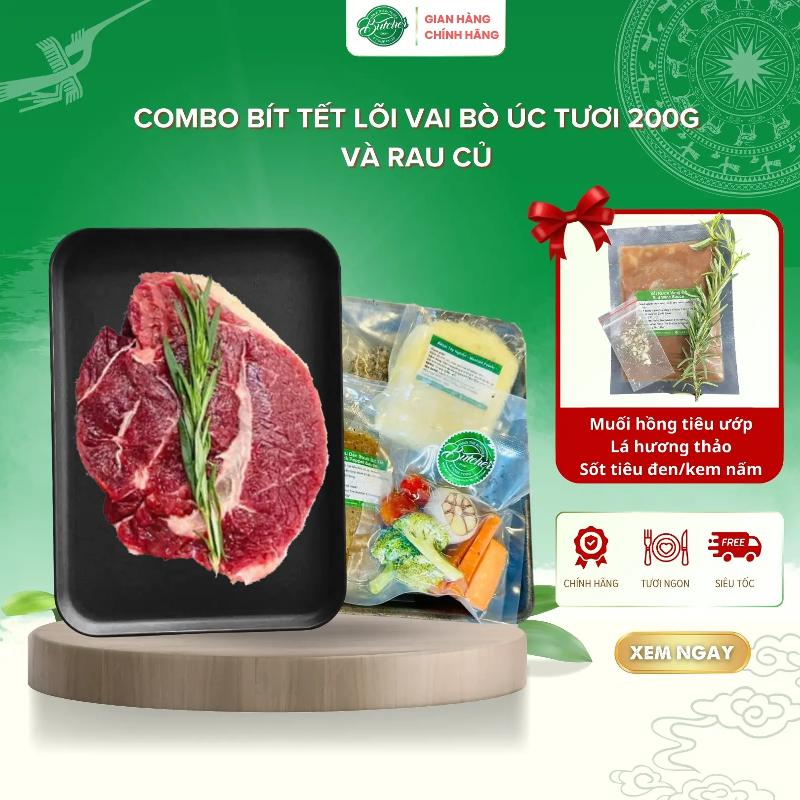 Combo Steak Bít tết ngon tại nhà: Lõi vai Bò Úc tươi 200gr Và Rau củ ăn kèm - Tặng gia vị chế biến đơn giản tiện lợi