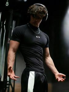 メンズジムTシャツ モックネック 半袖 薄型 トレーニング 高ストレッチ ポリエステル 激しい運動対応 ストリート＆カジュアル